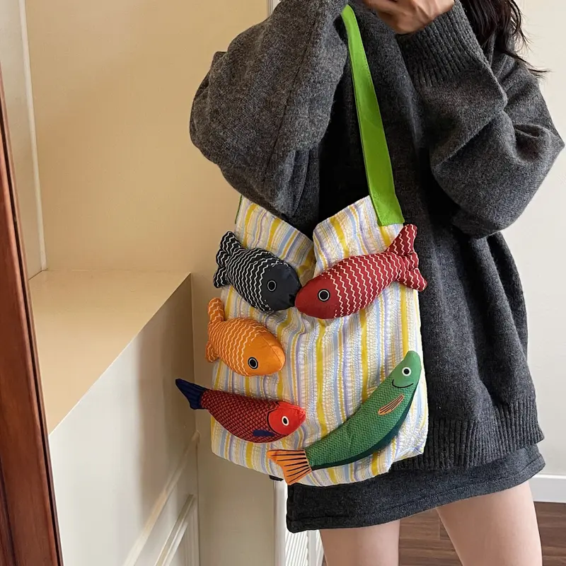 LEFTSIDE Fish Design Soft Cloth Shoulder Bag 2025 New Trend Hand Bag Beach Bag Holiday Travel Handbag Shopper Shopping Purse