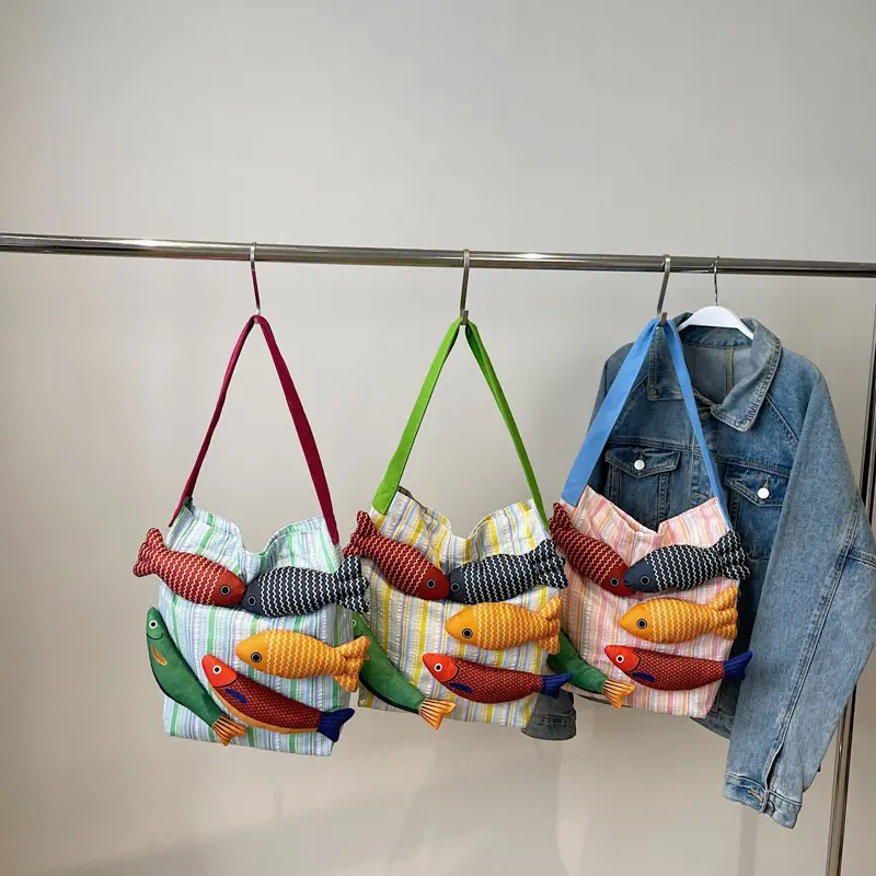LEFTSIDE Fish Design Soft Cloth Shoulder Bag 2025 New Trend Hand Bag Beach Bag Holiday Travel Handbag Shopper Shopping Purse