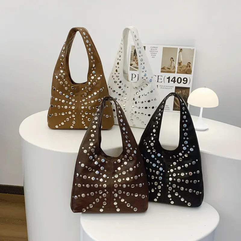 LEFTSIDE Rivets Design PU Leather Hobo Bags Lady Shoulder Bag for Women 2025 New Fashion Retro High Capacity Handbags and Purses