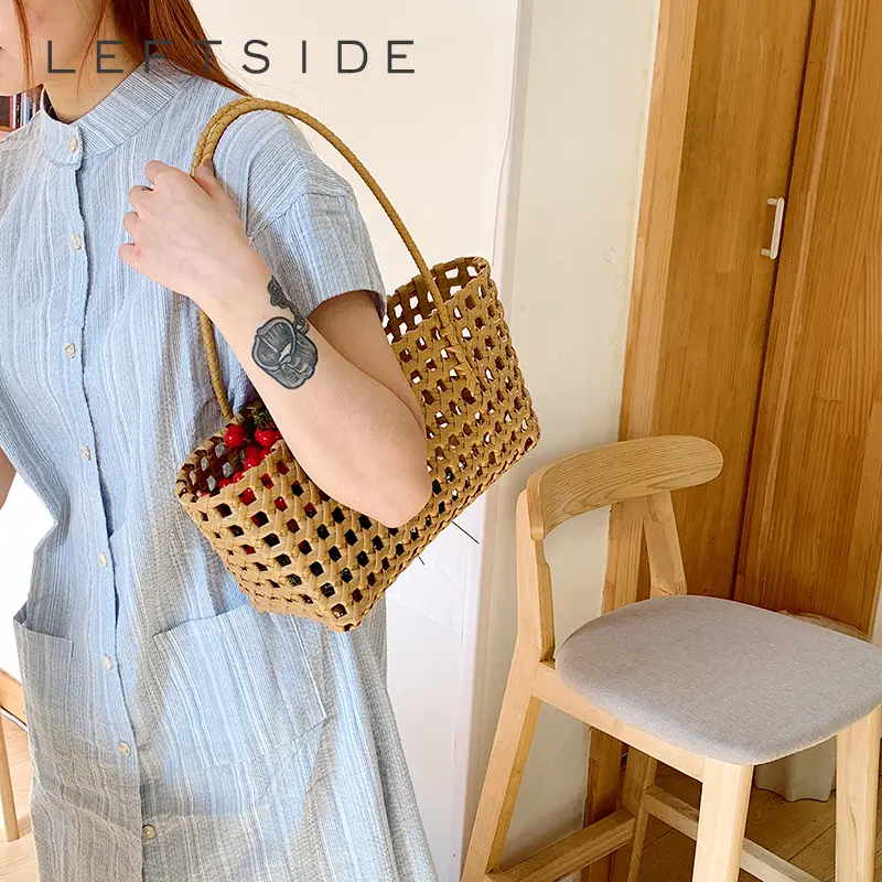 LEFTSIDE Women Tote Bag Solid Color Small Shoulder Bag Trendy Handmade Korean Fashion 2025 Y2K Hollow Out Handbag Hand Bags