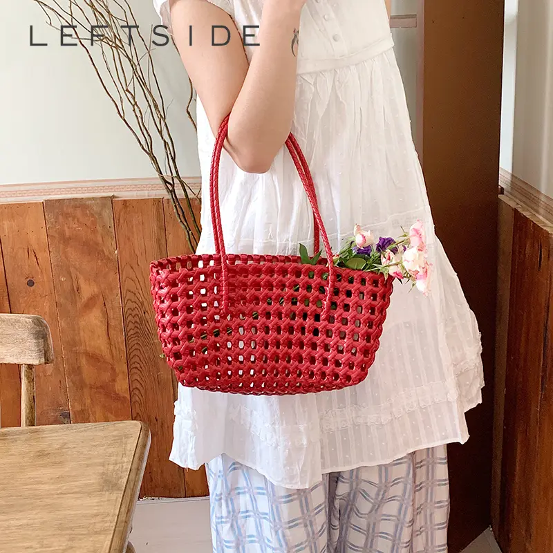 LEFTSIDE Women Tote Bag Solid Color Small Shoulder Bag Trendy Handmade Korean Fashion 2025 Y2K Hollow Out Handbag Hand Bags