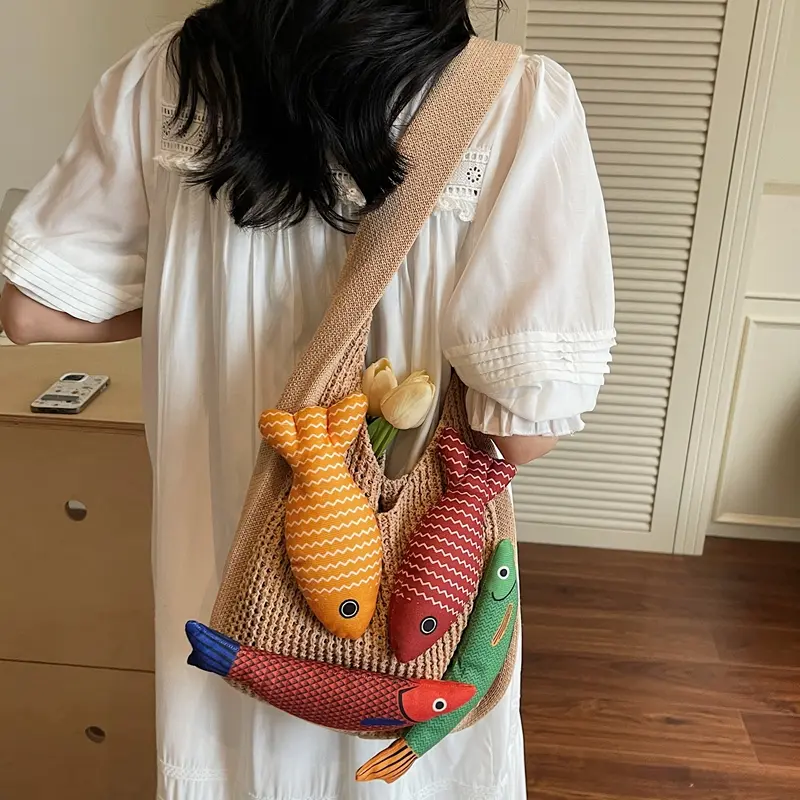 LEFTSIDE Fish Design Knitting Shoulder Bag Woven Hand Bag Beach Bag Holiday Travel Handbag Shopper Shopping Purse for Women