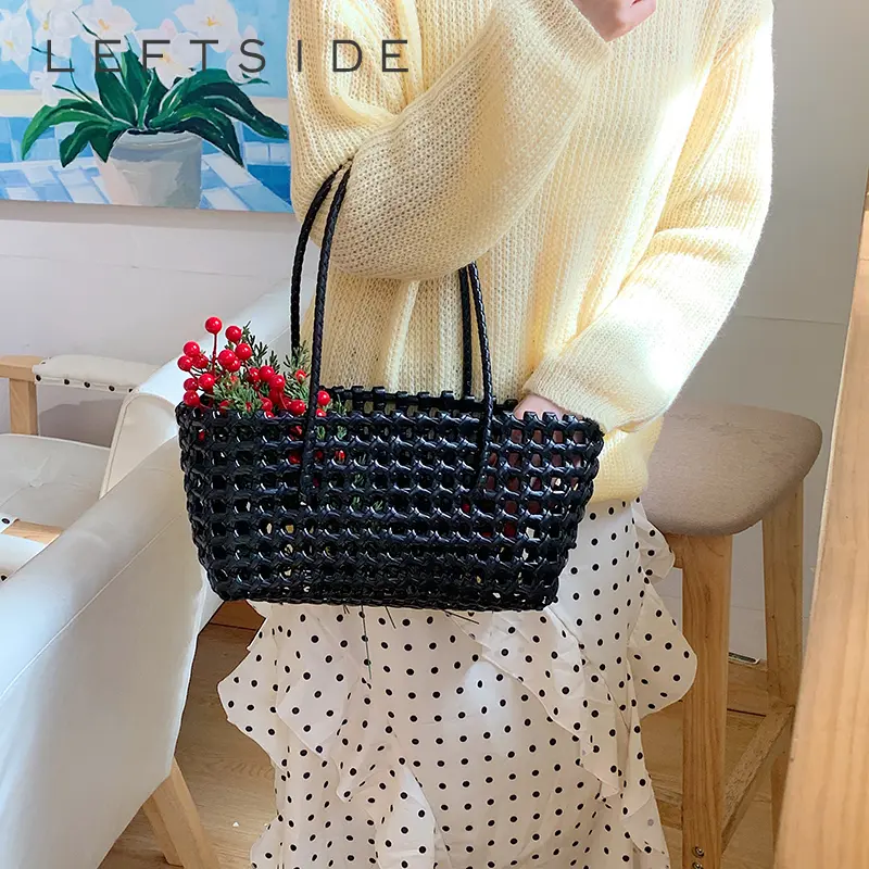 LEFTSIDE Women Tote Bag Solid Color Small Shoulder Bag Trendy Handmade Korean Fashion 2025 Y2K Hollow Out Handbag Hand Bags