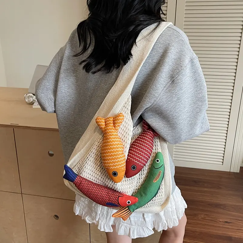 LEFTSIDE Fish Design Knitting Shoulder Bag Woven Hand Bag Beach Bag Holiday Travel Handbag Shopper Shopping Purse for Women