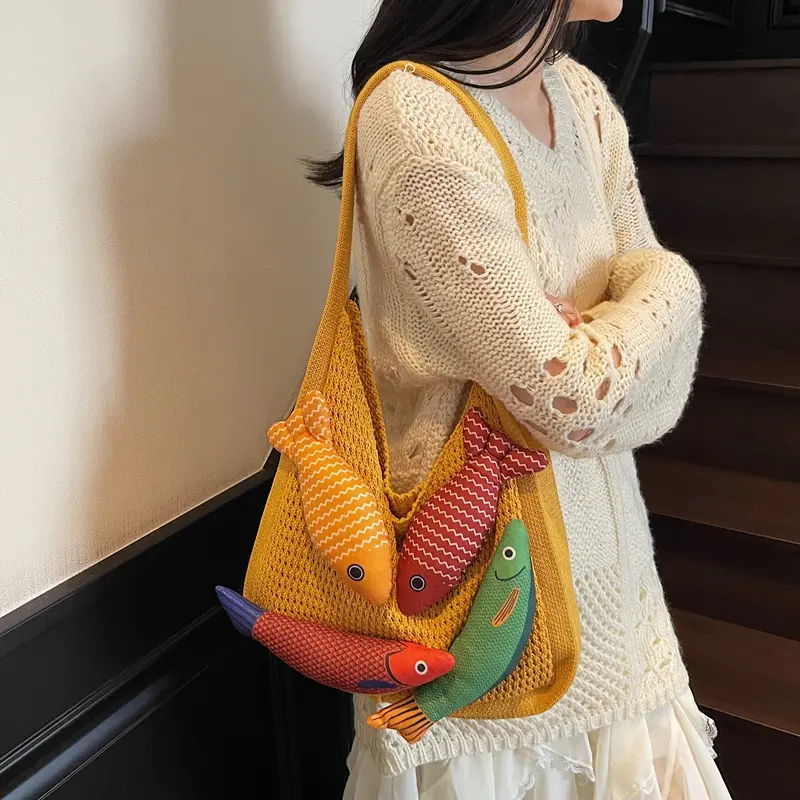 LEFTSIDE Fish Design Knitting Shoulder Bag Woven Hand Bag Beach Bag Holiday Travel Handbag Shopper Shopping Purse for Women