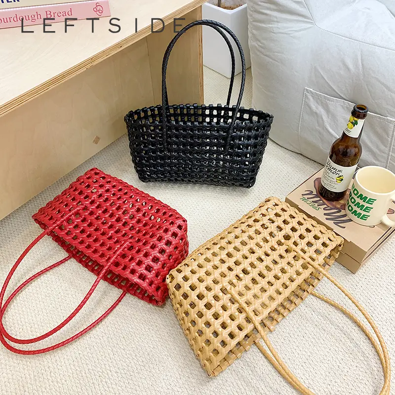 LEFTSIDE Women Tote Bag Solid Color Small Shoulder Bag Trendy Handmade Korean Fashion 2025 Y2K Hollow Out Handbag Hand Bags