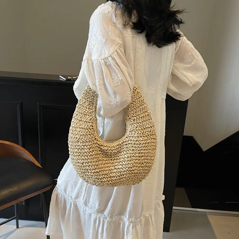 LEFTSIDE Simple Straw Bags for Women 2025 Summer Ladies New Weave Shoulder Bag Females Beach Bags Lady Handbags and Purses