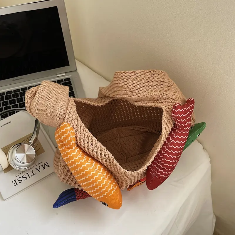 LEFTSIDE Fish Design Knitting Shoulder Bag Woven Hand Bag Beach Bag Holiday Travel Handbag Shopper Shopping Purse for Women