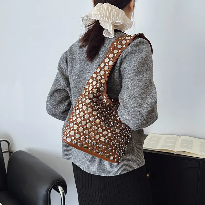 LEFTSIDE Retro Small Rivets PU Leather Shoulder Bag for Women 2025 New Punk Style Handbags and Purses Females Underarm Bags