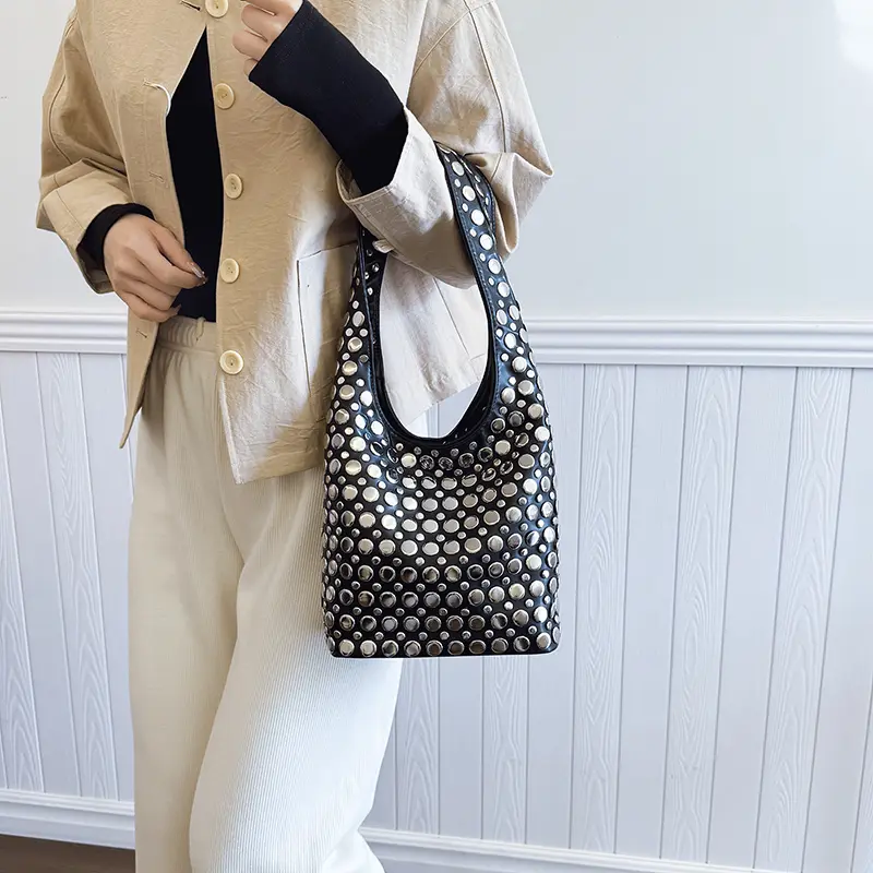 LEFTSIDE Retro Small Rivets PU Leather Shoulder Bag for Women 2025 New Punk Style Handbags and Purses Females Underarm Bags
