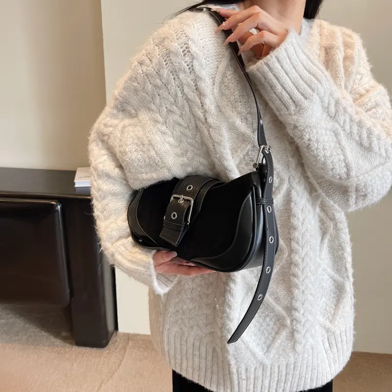 LEFTSIDE Belt Buckle Leather Crossbody Bags for Women 2025 Winter Underarm Bag Handbags and Purses Latest Fashion Shoulder Bag