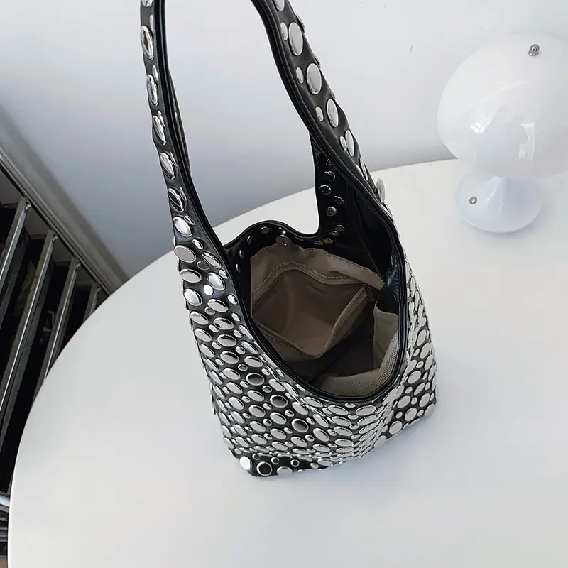 LEFTSIDE Retro Small Rivets PU Leather Shoulder Bag for Women 2025 New Punk Style Handbags and Purses Females Underarm Bags