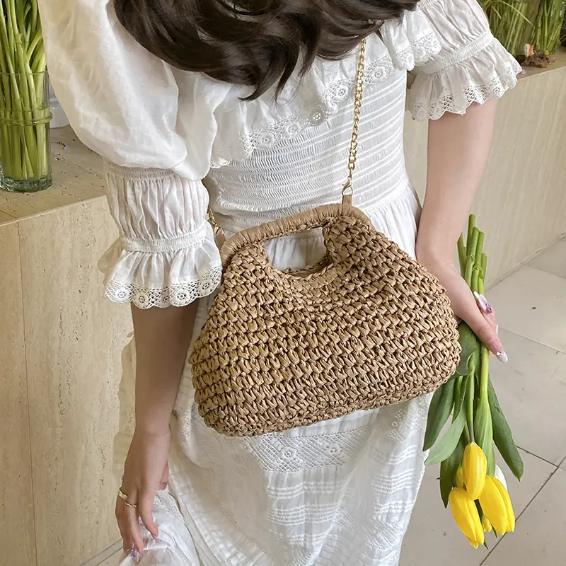 LEFTSIDE Chain Woven Straw Bags for Women 2025 Ladies ​Eco-friendly Shoulder Bag Females Beach Raffia Crossbody Bags Handbags