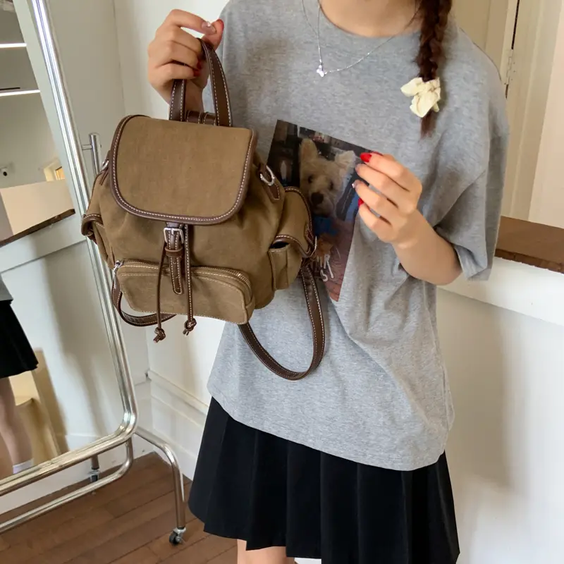 LEFTSIDE Women's Pu Leather Small Double Pockets Backpacks 2025 New Fashion Vintage Backpack Student School Bag Back Packs