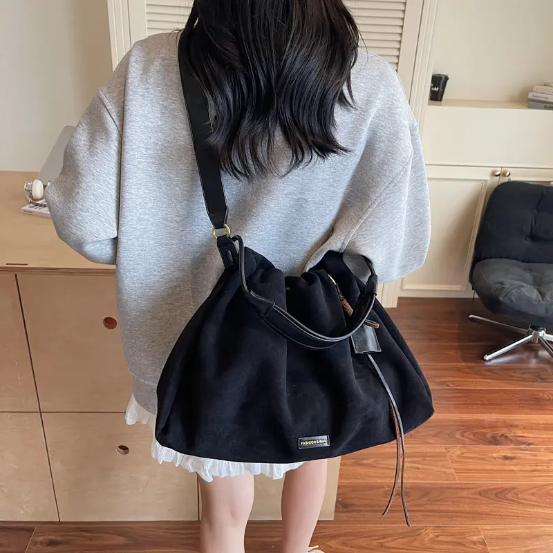 LEFTSIDE Retro Frosted Velvet Leather Large Bucket Bags for Women 2025 Winter Female Shoulder Bag Females Crossbody Bag Handbags
