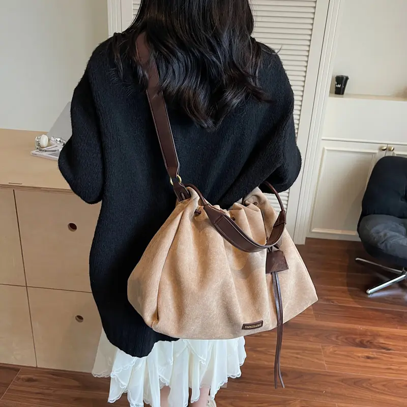 LEFTSIDE Retro Frosted Velvet Leather Large Bucket Bags for Women 2025 Winter Female Shoulder Bag Females Crossbody Bag Handbags