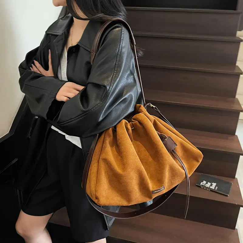 LEFTSIDE Retro Frosted Velvet Leather Large Bucket Bags for Women 2025 Winter Female Shoulder Bag Females Crossbody Bag Handbags