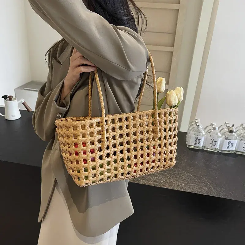 LEFTSIDE Small Solid Color Weave Tote Bags for Women 2025 Fashion Summer Shoulder Bags Simple Handbags Hollow Out Beach Bag