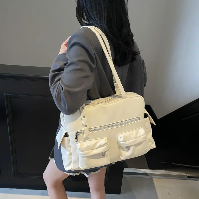 LEFTSIDE Women Big Solid Color PU Leather Double Pockets Design Square Shoulder Bag 2025 Trend Underarm Bag Female Handbags