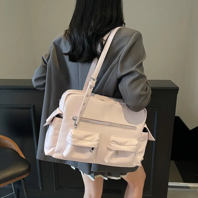 LEFTSIDE Women Big Solid Color PU Leather Double Pockets Design Square Shoulder Bag 2025 Trend Underarm Bag Female Handbags