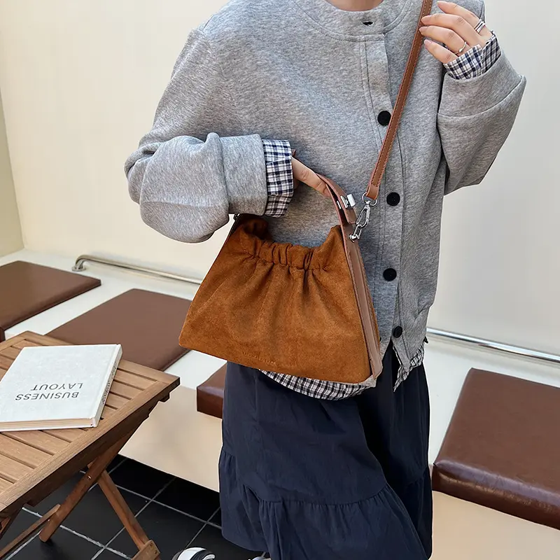 LEFTSIDE Women's Small Faux Suede Armpit Crossbody Bag 2025 Winter New Retro Bucket Bag Luxury Designer Handbags and Purses