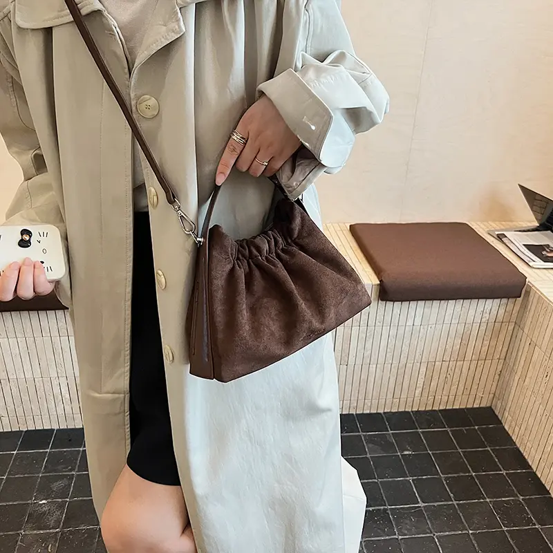 LEFTSIDE Women's Small Faux Suede Armpit Crossbody Bag 2025 Winter New Retro Bucket Bag Luxury Designer Handbags and Purses