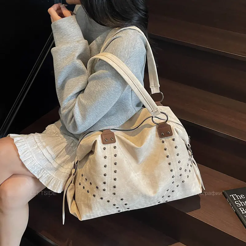 LEFTSIDE High-capacity Rivets Design PU Leather Pillow Bags for Women 2025 New Punk Style Trend Female Shoulder Bag Handbags