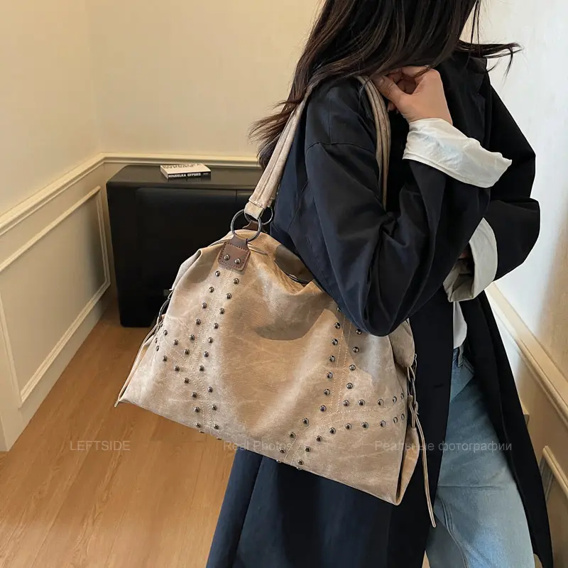 LEFTSIDE High-capacity Rivets Design PU Leather Pillow Bags for Women 2025 New Punk Style Trend Female Shoulder Bag Handbags