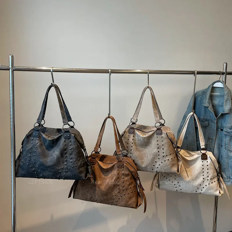 LEFTSIDE High-capacity Rivets Design PU Leather Pillow Bags for Women 2025 New Punk Style Trend Female Shoulder Bag Handbags