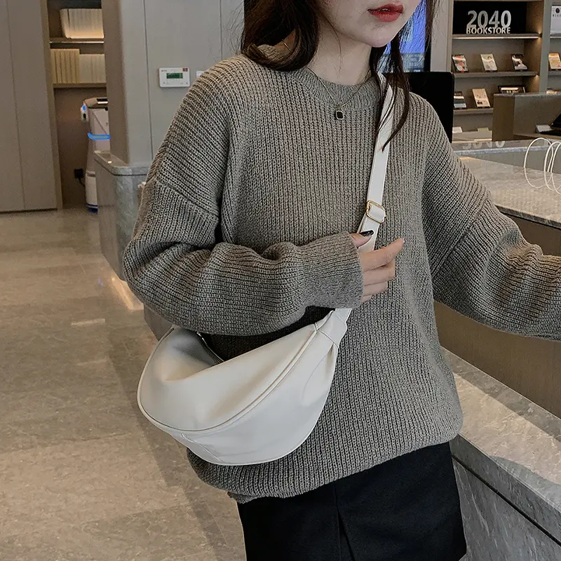 Half Moon Small PU Leather Zipper Crossbody Bags For Women Solid Color Shoulder Handbags 2025 Trends Winter Luxury Brand