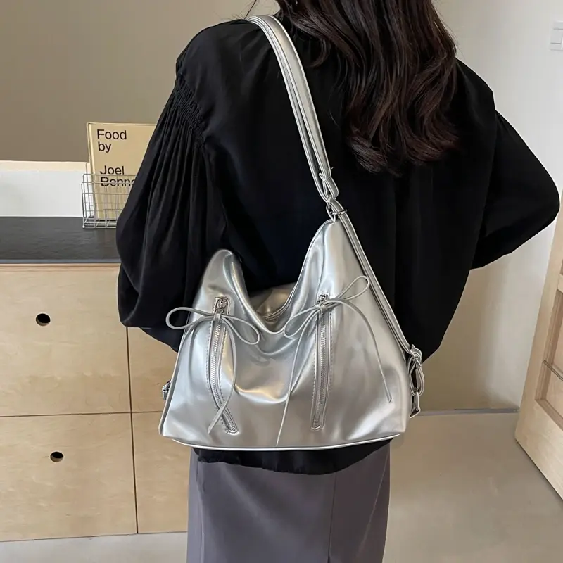 Silver Small Bow Pu Leather Shoulder Bags for Women 2025 Summer Trend Designer Fashion Handbags and Purses Trend Crossbody Bag