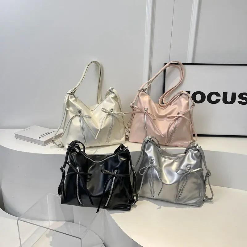 Silver Small Bow Pu Leather Shoulder Bags for Women 2025 Summer Trend Designer Fashion Handbags and Purses Trend Crossbody Bag
