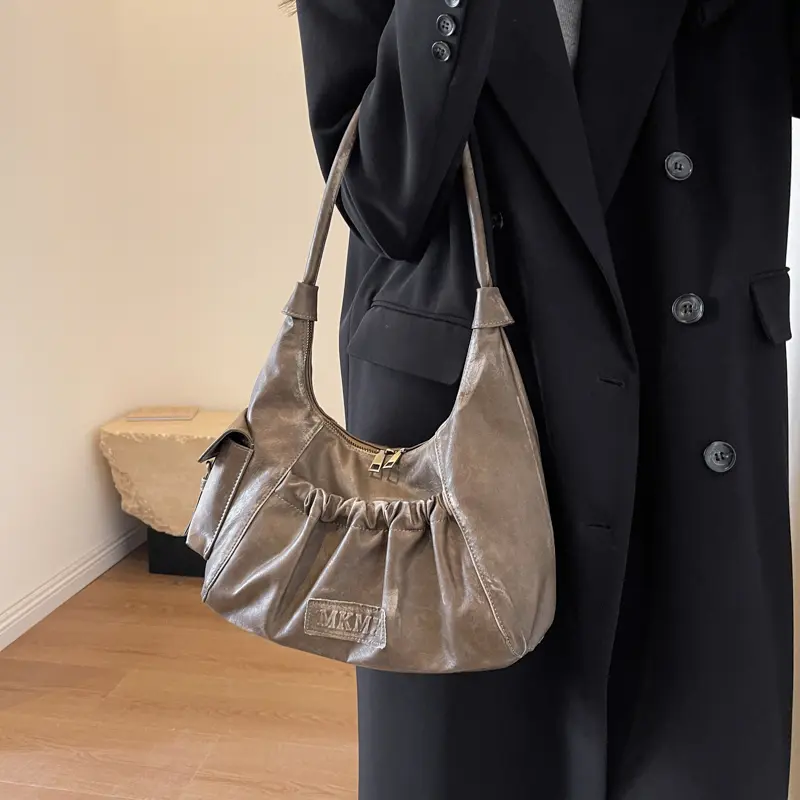 LEFTSIDE Retro Leather Shoulder Bags for Women 2025 Winter Vintage Underarm Bag Handbags and Purses Latest Fashion Hand Bag