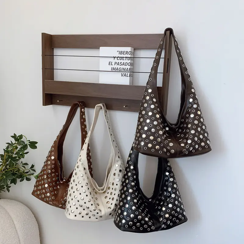 LEFTSIDE  Rivets Design PU Leather Bucket Hobo Bags for Women 2025 New Punk Style Trend Female Shoulder Bag Handbags and Purses