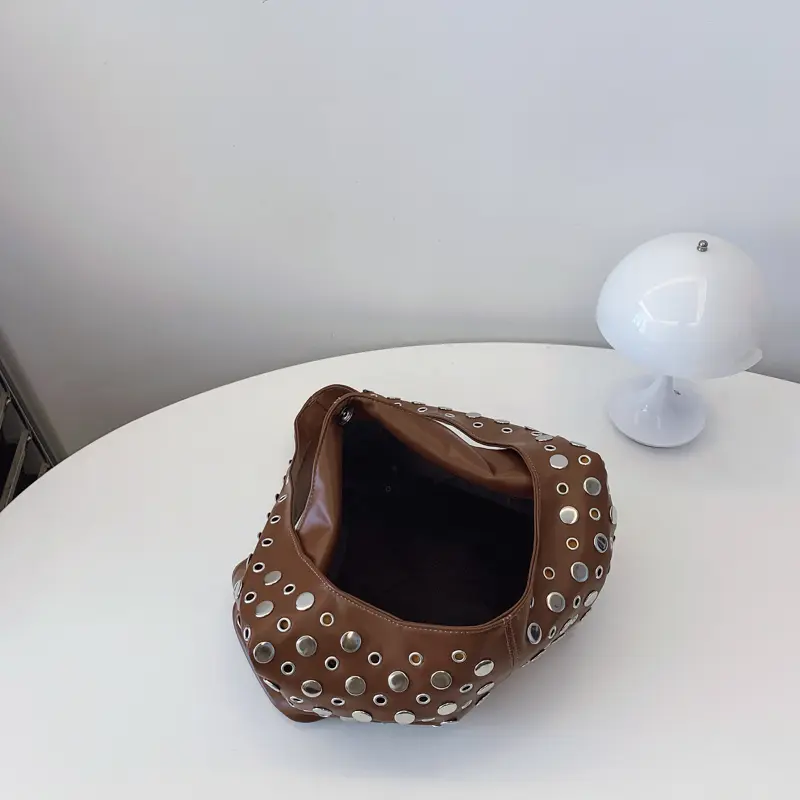 LEFTSIDE  Rivets Design PU Leather Bucket Hobo Bags for Women 2025 New Punk Style Trend Female Shoulder Bag Handbags and Purses