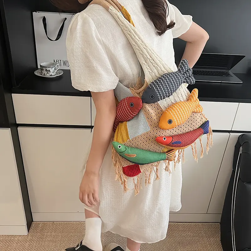 LEFTSIDE Fish Design Knitting Hobo Bag Woven Hand Bag Beach Shoulder Bag Holiday Travel Handbag Shopper Shopping Purse for Women