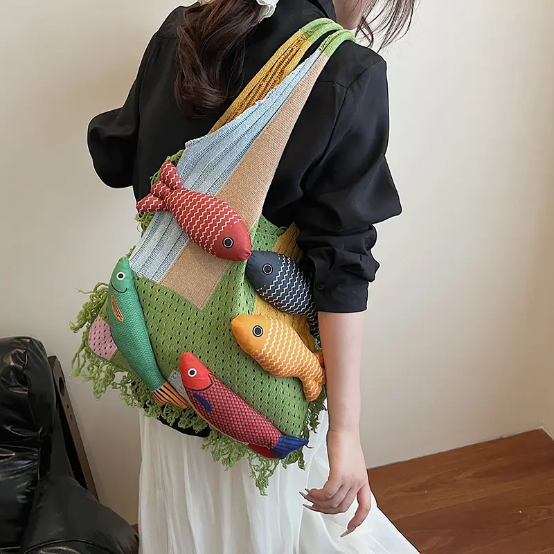 LEFTSIDE Fish Design Knitting Hobo Bag Woven Hand Bag Beach Shoulder Bag Holiday Travel Handbag Shopper Shopping Purse for Women