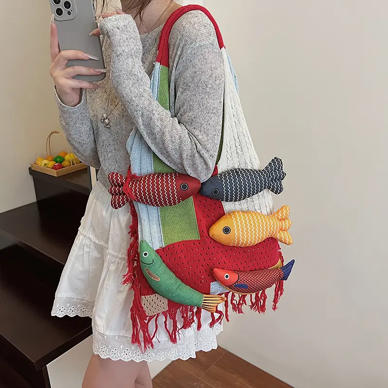 LEFTSIDE Fish Design Knitting Hobo Bag Woven Hand Bag Beach Shoulder Bag Holiday Travel Handbag Shopper Shopping Purse for Women