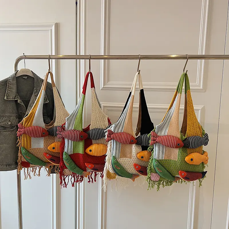 LEFTSIDE Fish Design Knitting Hobo Bag Woven Hand Bag Beach Shoulder Bag Holiday Travel Handbag Shopper Shopping Purse for Women
