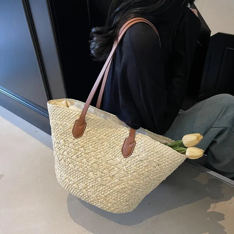 LEFTSIDE Big Weave Zipper Tote Bags for Women 2025 Summer New Fashion Shoulder Bags Lady Handbag Females Straw Tote Beach Bag