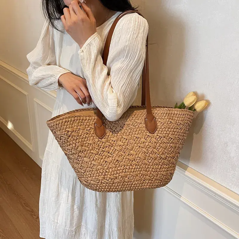 LEFTSIDE Big Weave Zipper Tote Bags for Women 2025 Summer New Fashion Shoulder Bags Lady Handbag Females Straw Tote Beach Bag
