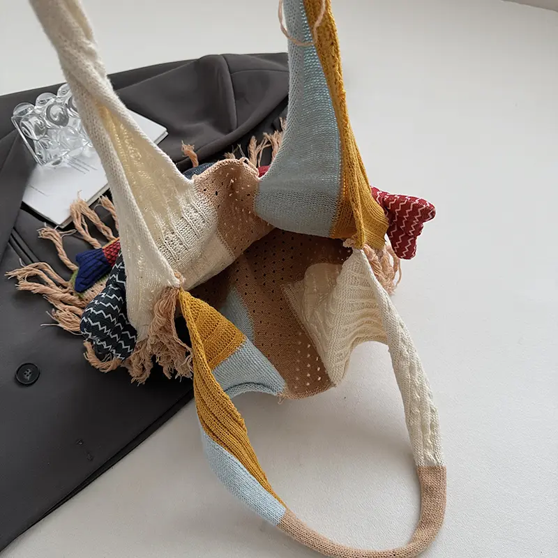 LEFTSIDE Fish Design Knitting Hobo Bag Woven Hand Bag Beach Shoulder Bag Holiday Travel Handbag Shopper Shopping Purse for Women