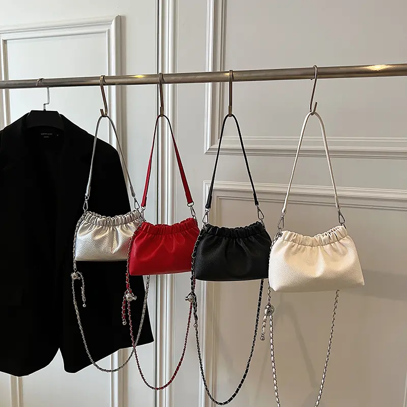 LEFTSIDE 2025 New Luxury Small PU Leather Solid Color Handbags and Purses Women's Crossbody Bag Silver Chain Shoulder Bags