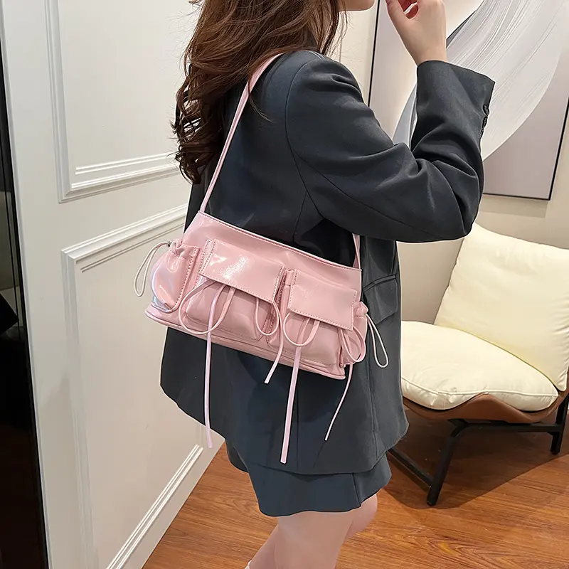 LEFTSIDE Double Pockets Design PU Leather Shoulder Bags For Women 2025 New Fashion Trend Crossbody Bag Females Silver Handbags