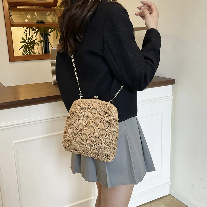 LEFTSIDE Small Weave Straw Shoulder Bags for Women 2025 Luxury Brand Designer Chain Crossbody Bag Females Handbags and Purses