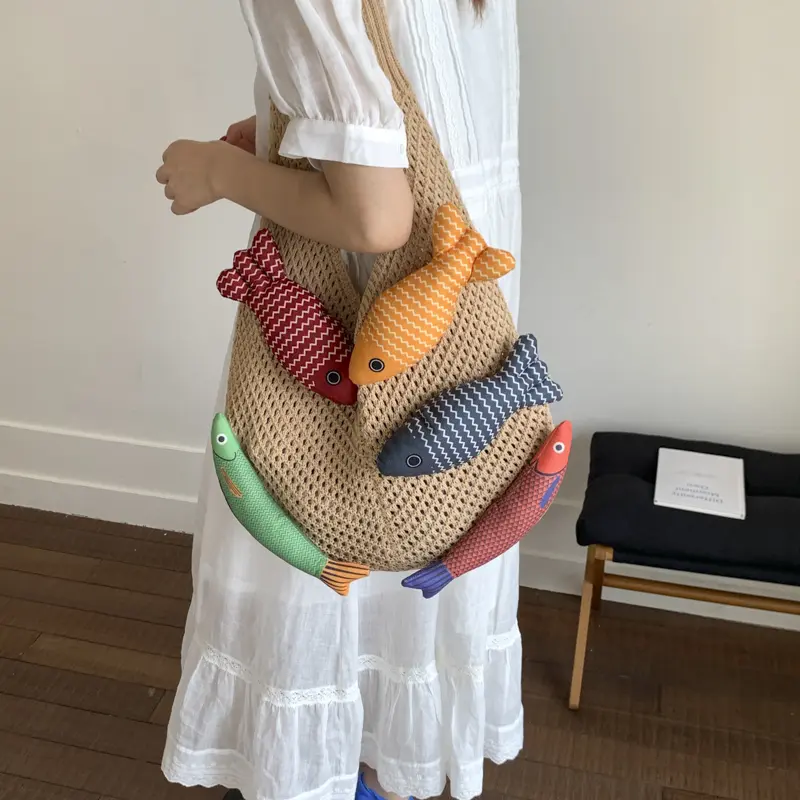 LEFTSIDE Fish Design Knitting Weave Shoulder Bag Woven Hand Bag 2025 Winter Hobo Bag Travel Handbags Shopper Shopping Purse