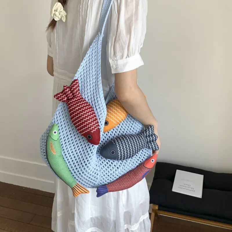 LEFTSIDE Fish Design Knitting Weave Shoulder Bag Woven Hand Bag 2025 Winter Hobo Bag Travel Handbags Shopper Shopping Purse