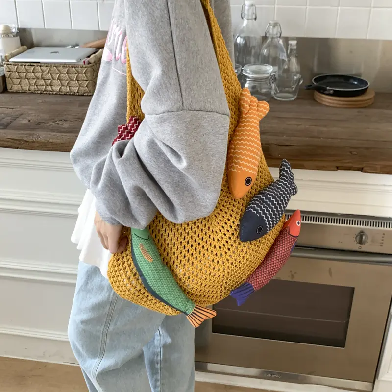 LEFTSIDE Fish Design Knitting Weave Shoulder Bag Woven Hand Bag 2025 Winter Hobo Bag Travel Handbags Shopper Shopping Purse