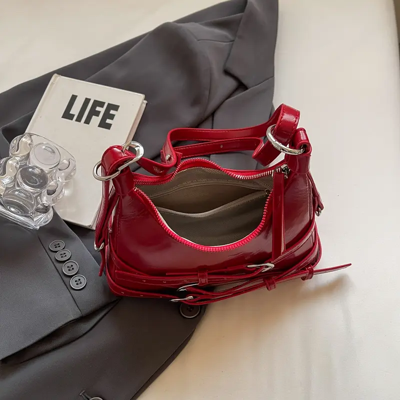 LEFTSIDE Belt Design Small PU Leather Shoulder Bags for Women 2025 Y2K Korean Fashion Crossbody Bag Lady Red Handbags and Purses