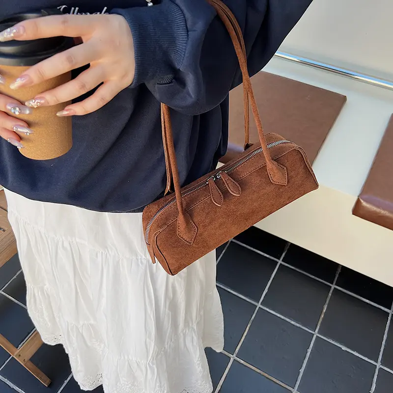 LEFTSIDE Women's Small Faux Suede Armpit Shoulder Bag 2025 Winter New Retro Underarm Bag Luxury Brand Designer Handbags